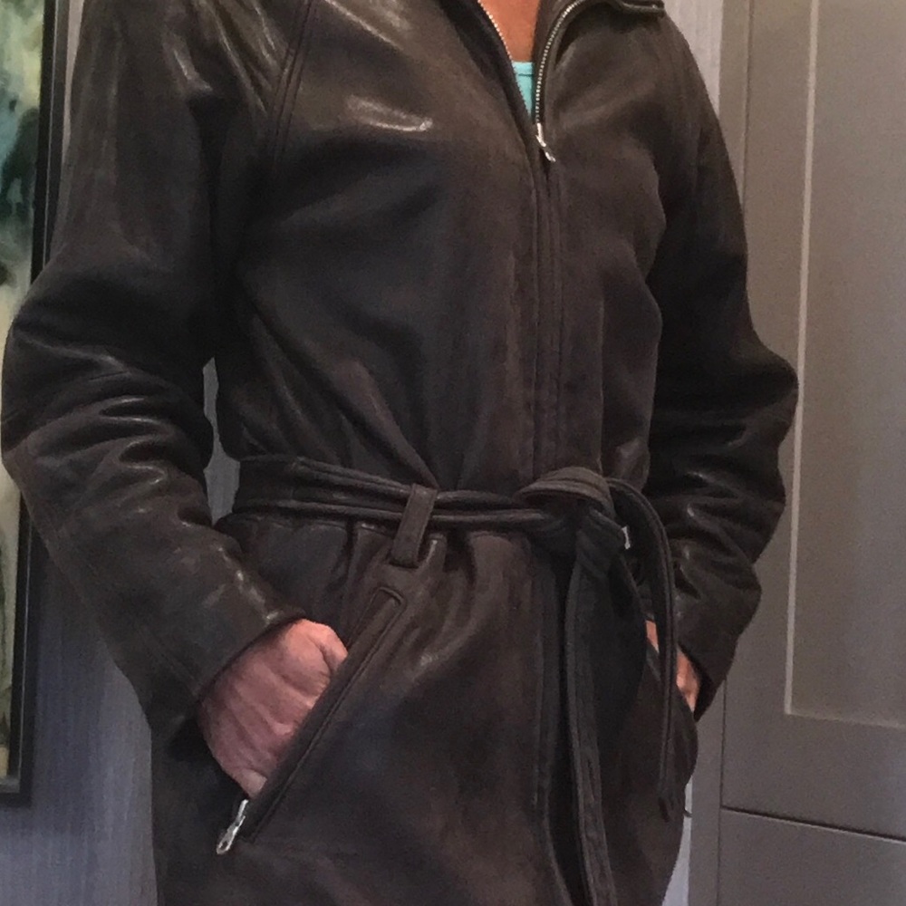 Andrew Marc well-worn soft brown leather coat